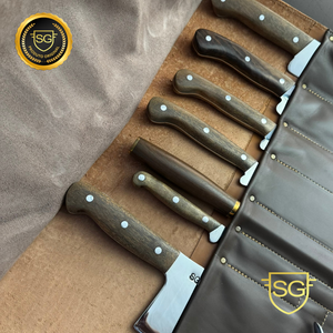 Kit Gourmet SG Facas Artesanais – 8 Peças com Bolsa em Couro Legítimo