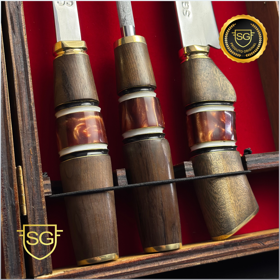 Tri Conjunto Artesanal Faca Chaira e Garfo Cabo Único | SG Facas