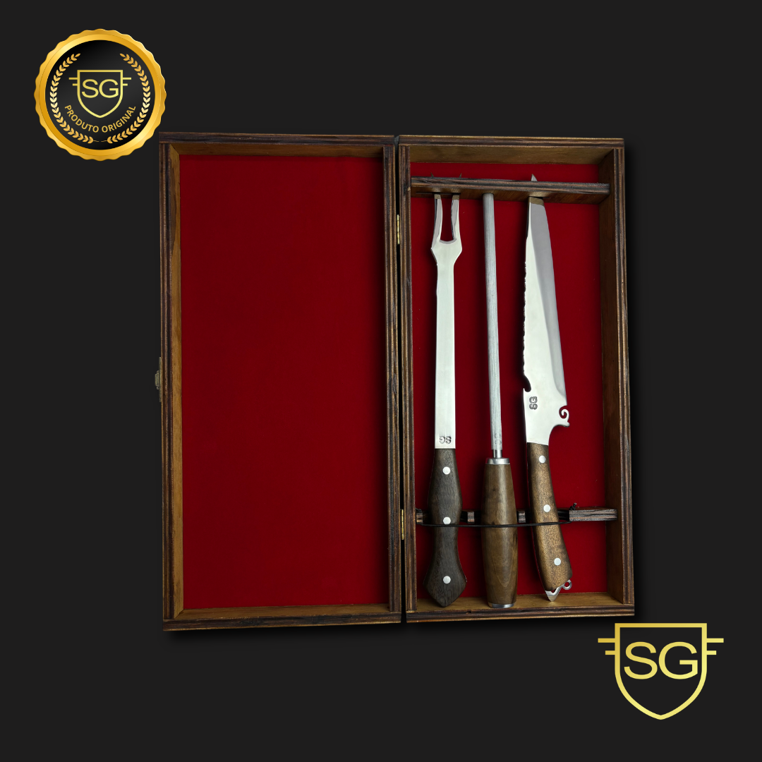 Tri Conjunto Picaço Artesanal Aço Inox 3mm Cabo Madeira | SG Facas