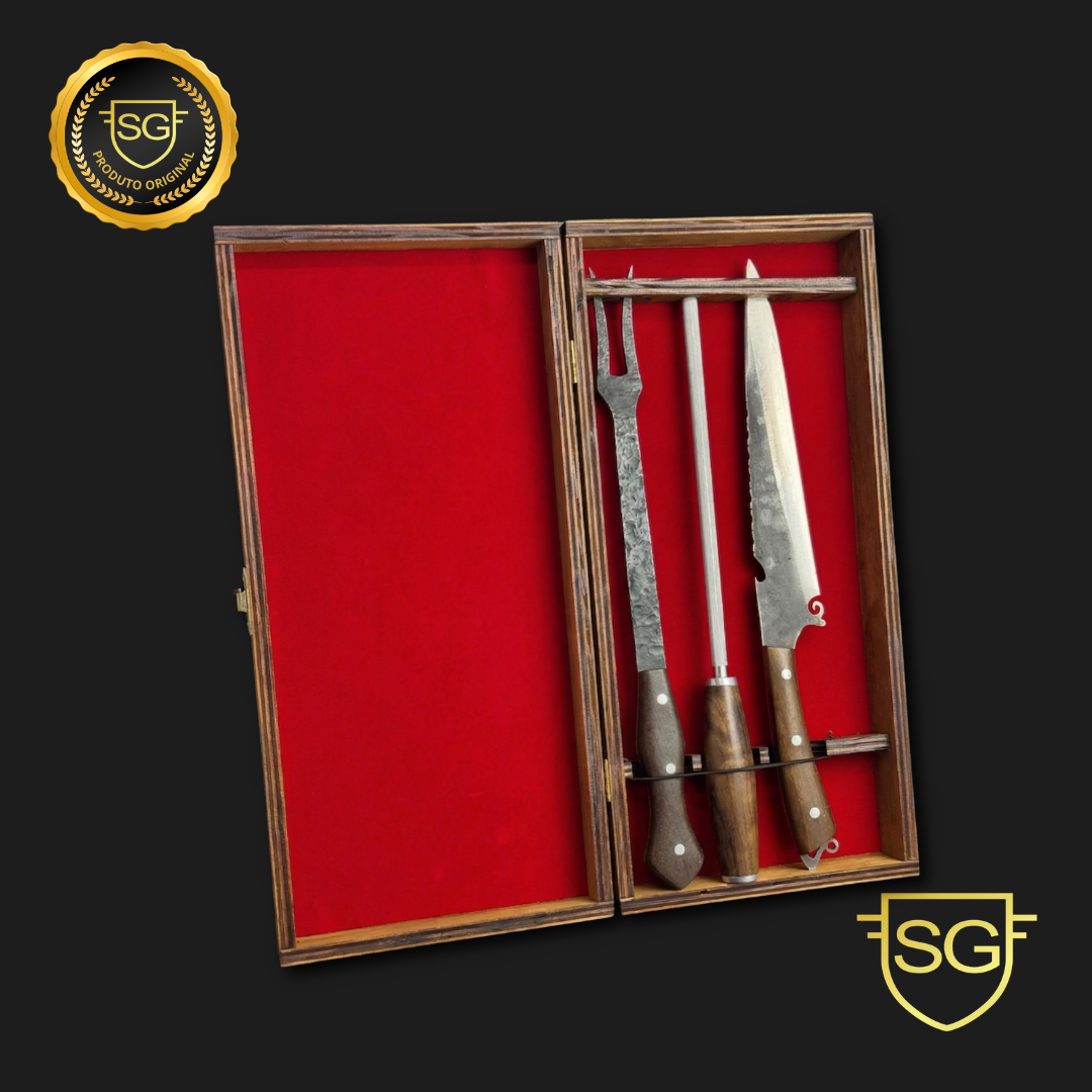 Tri Conjunto Picaço Artesanal Aço Carbono 3mm Cabo Madeira | SG Facas